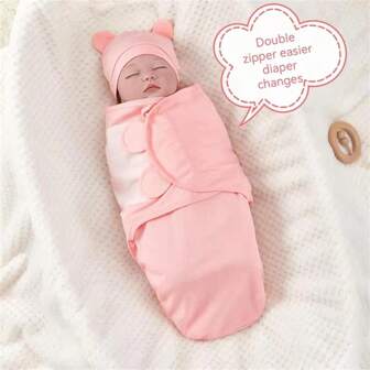 2pcs/Set Newborn Zipper Swaddle Blanket + Hat, Baby Wrap Receiving Blanket, Hospital Swaddle, Anti-Kicking Sleeping Bag, Spring/Autumn, Newborn Infant 0-6 Months, Baby Shower Gift