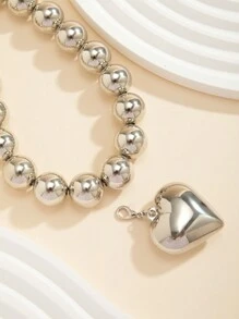 1 件簡約時尚龐克風格 Ccb 串珠項鍊套裝帶心形吊墜、鎖骨鏈項鍊適合女士日常穿著和派對裝扮 - 銀色 - 查看 13