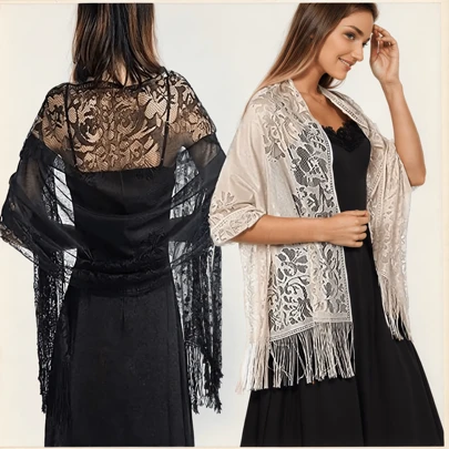 1入實色圓形圍巾,女式花邊長款披肩,晚禮服、婚禮、波西米亞風格派對適用