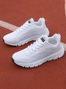 Sapatos Esportivos Brancos Simples Bordados De Malha Para Mulheres Com Sola Macia E Respirável Para Corrida