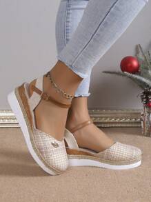 Giày sandal nữ Xuân/Hè 2026, kiểu giày ngư dân khóa đơn mới, đế vải lanh, gót đế xuồng, mũi giày kiểu cổ tích, sandal La Mã dệt dành cho nữ. - Màu be - Xem 4