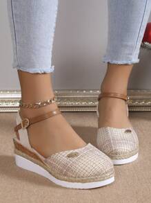 Giày sandal nữ Xuân/Hè 2026, kiểu giày ngư dân khóa đơn mới, đế vải lanh, gót đế xuồng, mũi giày kiểu cổ tích, sandal La Mã dệt dành cho nữ. - Màu be - Xem 3