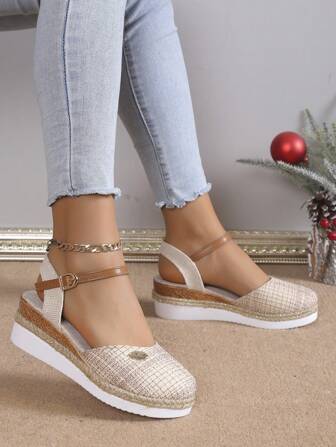 2025春夏女士凉鞋，新款单扣亚麻鞋底渔夫鞋，斜跟，仙女款鞋头，鞋子，女士草编罗马鞋