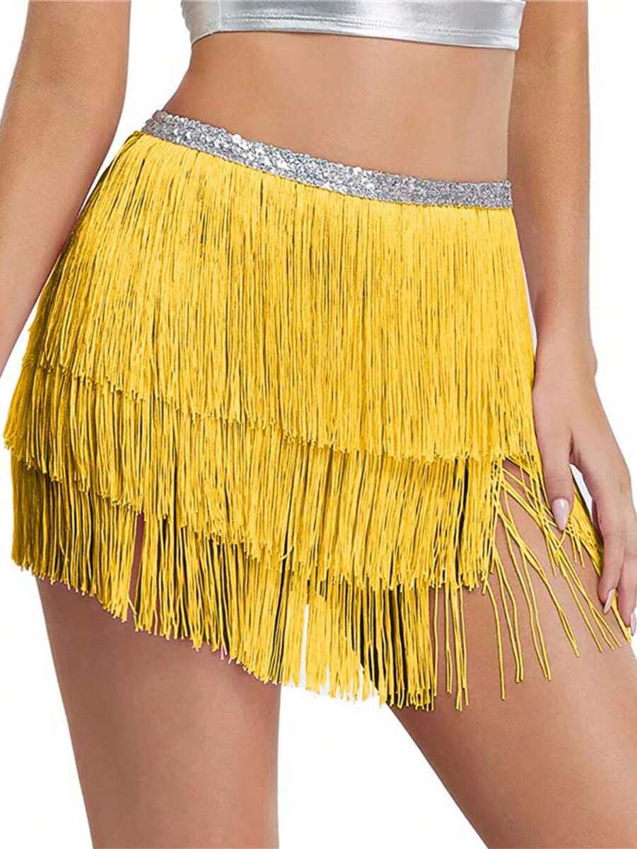 Victray Fringe Belly Skirt Sequin Tassel Dance Skirt Short Belly Hip Scarf Rave Party Skirts For
