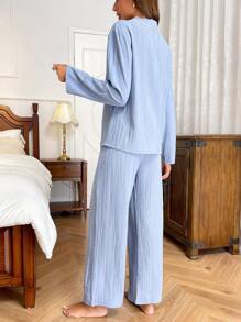 Nina Bonheur Set de 2 piezas de pijama/ropa de estar en casa con blusa de manga larga con botones y pantalón recto elástico para mujeres, conjunto de dos piezas