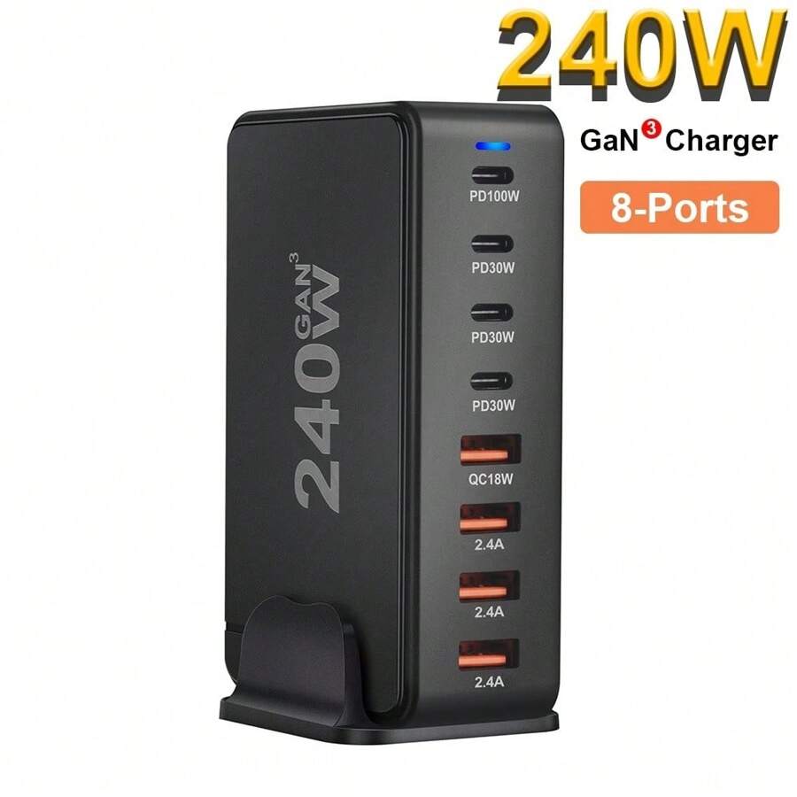 ilepo 240W USB C 充电器 GaN 8 端口桌面充电站 100W USB-C 笔记本电脑充电器 兼容 Macbook Pro 15/14/13 - 黑色 - 查看 1