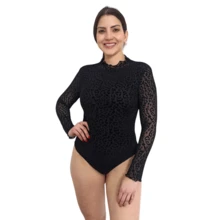 Body con estampado de leopardo de cuello alto de manga con volante de malla Body de leopardo manga larga con transparencias Body Ajustado de animal print Body de leopardo jacquard de cuello alto - Negro - Ver 7