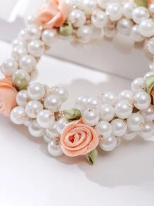 2 Piezas Bandas De Pelo Rosa Claro Decoradas Con Flores Y Perlas Adecuadas Para La Vida Diaria Y El Peinado De Moño De Las Niñas - Rosa coral - Ver 6