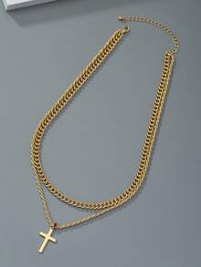 Original Minimalist Double-Layer Cross Pendant Necklace For Men, Suitable For Hip-Hop Style Layered Chains - Yellow Gold - View 3