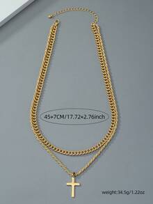 Original Minimalist Double-Layer Cross Pendant Necklace For Men, Suitable For Hip-Hop Style Layered Chains - Yellow Gold - View 5