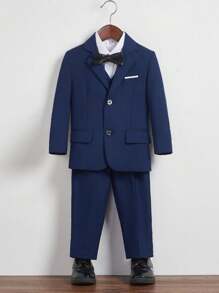 5pcs Boys Suit Set, Toddler Tuxedo Formal Wear, Ring Bearer Outfit, Wedding Suit Jacket, Vest, Pants, Shirt, Tie, Formal Children Suit, Navy Blue, Size 6-16 Years