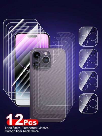 12pcs Full Coverage Protection Kit: 4pcs High-Definition Front Film, 4pcs Carbon Fiber Back Film, 4pcs High-Definition Lens Film, Compatible With IPhone 11-17 Series, 14 6.1", 13/13 Pro 6.1", 15/15 Pro Max, 16/16 Pro/16 Pro Max, 17/17 Pro/17 Pro Max, AIR