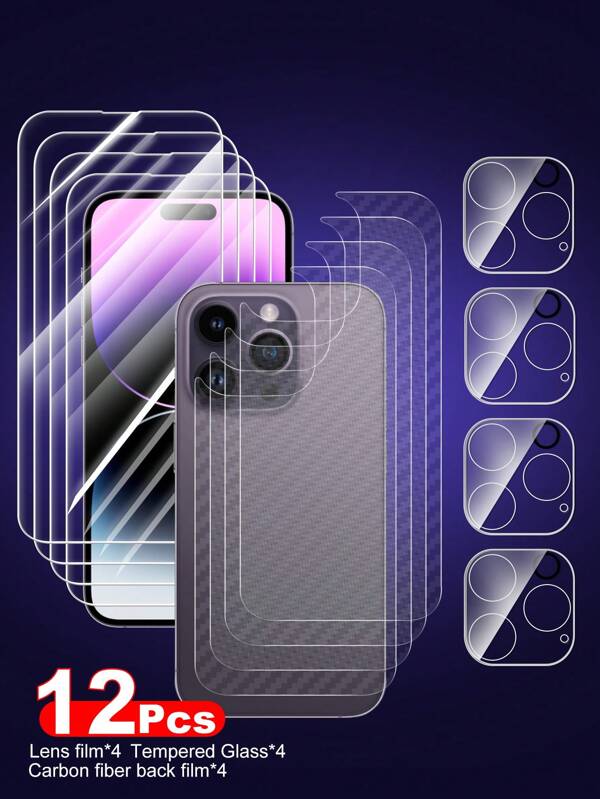 12-Piece Full Protection Set For Apple IPhone 11-16 Series: 4pcs High Definition Front Screen Protectors, 4pcs Carbon Fiber Back Protectors, 4pcs High Definition Camera Lens Protectors. Suitable For IPhone 14 6.1", IPhone 13/13 Pro 6.1", IPhone 15/15 Pro Max, IPhone 16/16 Pro/16 Pro Max Gift For Birthday, Family, Friends Tempered Glass, Phone Screen Protector, Phone Accessories