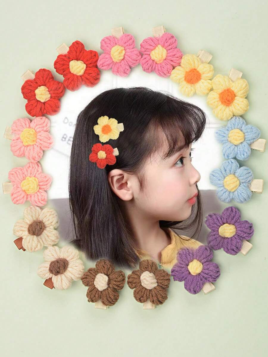 2 件組兒童秋冬羊毛花朵髮夾,幼兒女孩短髮瀏海側頭時尚髮飾 - 藍色 - 查看 1