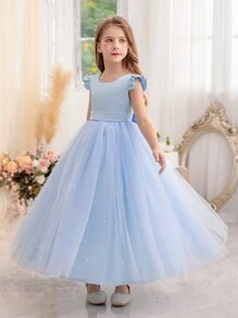 少女蓝色短袖手工串珠蝴蝶结圣诞派对优雅连衣裙，公主裙，适合女孩生日派对、舞会、毕业典礼、婚礼伴娘、节日庆典等场合。 - 藍色 - 查看 10