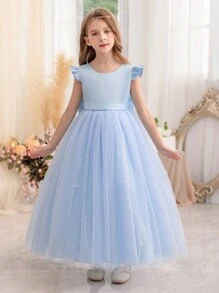 少女蓝色短袖手工串珠蝴蝶结圣诞派对优雅连衣裙，公主裙，适合女孩生日派对、舞会、毕业典礼、婚礼伴娘、节日庆典等场合。 - 藍色 - 查看 11