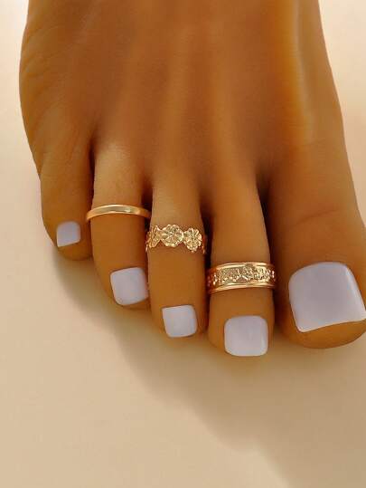 3入組創意時尚金色花卉裝飾女士腳趾戒指套裝,適合沙灘度假、派對、約會、日常穿著