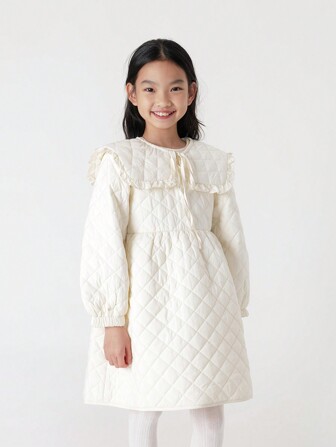 Young Girls Sweet Lace Peter Pan Collar Three Proofing Padded Long Dress For Autumn And Winter