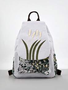 1pc Handmade Woven Tassel Decor Large Capacity Printed Canvas Style Lightweight Backpack Suitable For Women Outdoor And Daily Wear - Light Grey - View 2