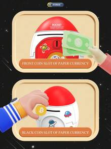 NEUSNEY 1盒卡通火箭形零錢罐大容量帶鑰匙解鎖功能創意玩具3歲以上兒童早期教育智力開發,配件隨機,送男孩女孩學生禮物 - 紅色 - 查看 3