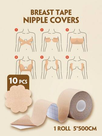 11pcs/Set Breast Tape Kit Including 1 Roll Of 5cm*500cm Breast Tape And 10 Pcs Of Disposable Non-Woven Bra Pads, Breathable, Waterproof And Sweat-Proof Body Tape, Suitable For Camisole, Halter Top, Strapless Top, Swimsuit, Tight-Fitting Clothes, Evening Dress
