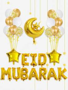 31pcs ' Mubarak' Letter Shaped Balloon Set, Including 16-Inch Golden Letter Balloons, 18-Inch Star Balloons And 12-Inch Glittering Transparent Latex Balloons For Party Decoration - Multicolor - View 2