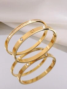 Camhanno 2 pezzi di braccialetti in acciaio inossidabile, delicati e alla moda, versatili e di alta qualità, con incisione e diamanti, adatti per uso quotidiano e per regali per le fidanzate