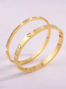Camhanno 2 pezzi di braccialetti in acciaio inossidabile, delicati e alla moda, versatili e di alta qualità, con incisione e diamanti, adatti per uso quotidiano e per regali per le fidanzate