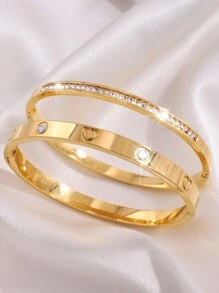 Camhanno 2 pezzi di braccialetti in acciaio inossidabile, delicati e alla moda, versatili e di alta qualità, con incisione e diamanti, adatti per uso quotidiano e per regali per le fidanzate