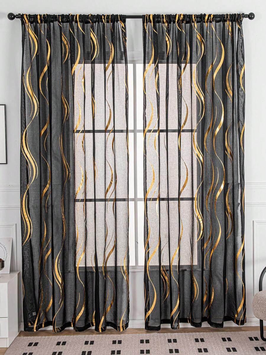 1pc Modern Abstract Line Print Sheer Curtain, Home Living Room Bedroom Decorative Curtain, Floor-Length Translucent Window Curtain - Black - View 1