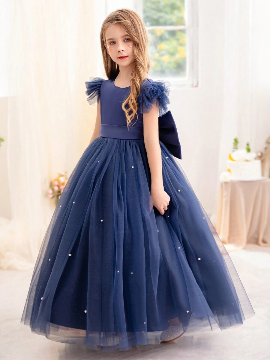 少女蝴蝶结装饰网眼盖袖优雅公主裙，适合女孩生日礼物、派对、舞会、婚礼、花童、钢琴演奏会、学校表演等场合服装 - 寶藍色 - 查看 1