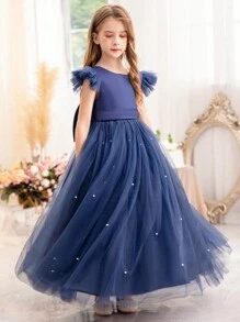 少女蝴蝶结装饰网眼盖袖优雅公主裙，适合女孩生日礼物、派对、舞会、婚礼、花童、钢琴演奏会、学校表演等场合服装 - 寶藍色 - 查看 3