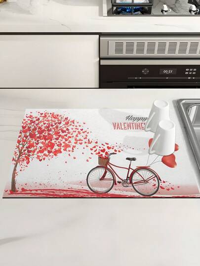 1pc Happy Valentine's Day Kitchen Utensil Drying Pad Love Bowl And Dish Drying Pad Black Pink Polka Dot Bowl And Dish Drainage Pad * Water Absorbent Bowl And Dish Rack Pad Suitable For Coffee Bar Sinks