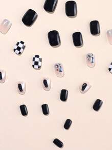 24 cái Ngắn Hình vuông vui tươi Đen & Trắng Bàn cờ & Nhảy Màu sắc & Đồ trang trí Rhinestone Sai Đầu Móng Tay + 1 Miếng Giũa móng tay + 1 Miếng Thạch Keo dính - Đen và trắng - Xem 5