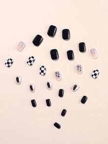 24 cái Ngắn Hình vuông vui tươi Đen & Trắng Bàn cờ & Nhảy Màu sắc & Đồ trang trí Rhinestone Sai Đầu Móng Tay + 1 Miếng Giũa móng tay + 1 Miếng Thạch Keo dính - Đen và trắng - Xem 4