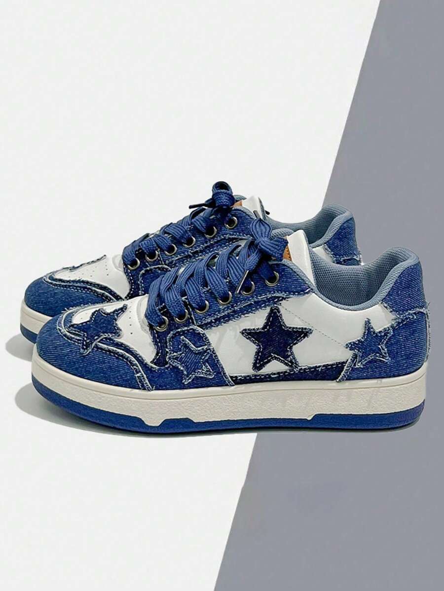 Giày thể thao vải canvas in hình ngôi sao cổ điển màu xanh nhỏ hơn 1 cỡ, giày thời trang thường ngày cho nữ, giày thể thao cổ thấp buộc dây mũi tròn - Màu xanh lam - Xem 1