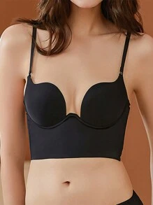 Sexy Women's Deep U-Backless Seamless Push Up Bra, Adjustable Lingerie - Black - View 2