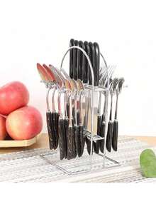 Juego de cubiertos de 24 piezas, mango de cerámica, cuchillo, tenedor, cuchara y cuchara con estante, juego de cubiertos dorados y plateados, vajilla - Rosa - Ver 6