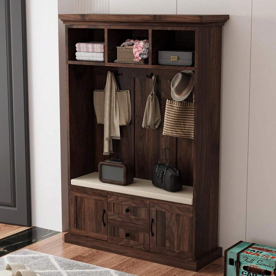70.9 Inch White Hall Tree, 3 In 1 Farmhouse Mudroom Bench With Storage And 4 Hooks, Wood Entryway Coat Rack Shoe Bench, Soft Cushion And Storage Drawers For Living Room, Bedroom, Hallway. - Brown - View 1