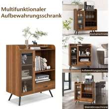 Sideboard With Shelves, Kitchen Cabinet With Wine Glass Holder & 8 Bottle Wine Rack, Vintage Wine Cabinet, Storage Cabinet With Glass Door & Drawer, Vintage - màu nâu - Xem 3