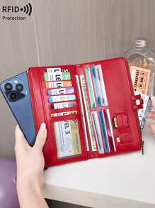 MIYIN Portefeuille femme à grande capacité avec blocage RFID, style rétro, fermeture à glissière,  doux avec de multiples emplacements pour cartes et fenêtre pour carte d'identité/carte de crédit, avec détail matelassé, sac d'embrayage pour dame contre le vol