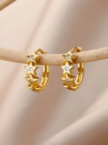 1Pair Minimalist Double Texture Pentagram Star Stud Earrings For Women Girls 18K Gold Plated Stainless Steel Earrings Jewelry Decoration