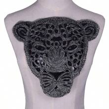 1pc Black Rope Embroidered Leopard Head Design Fabric Patch With Glue - Black - View 1