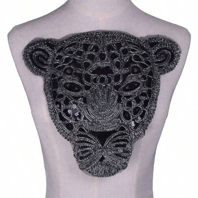 1pc Black Rope Embroidered Leopard Head Design Fabric Patch With Glue