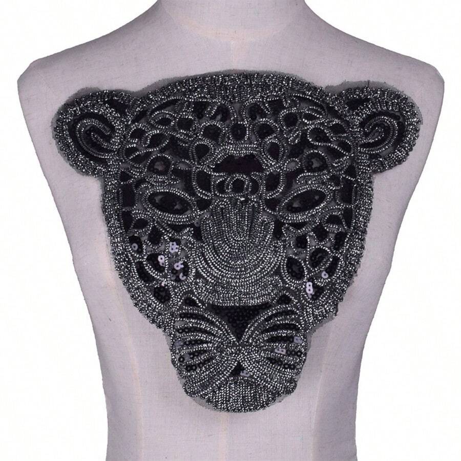 1pc Black Rope Embroidered Leopard Head Design Fabric Patch With Glue - Black - View 1