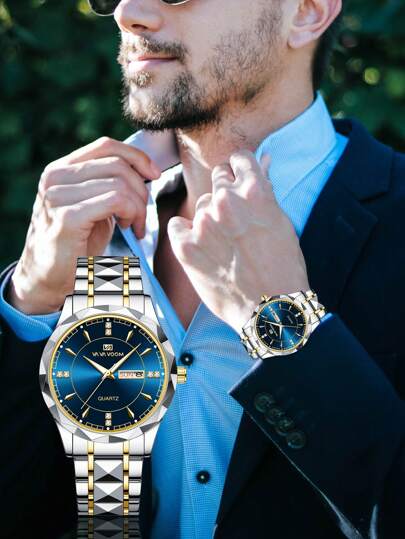  New Fashionable Men's Watch, Va Va Voom Brand Stainless Steel Diamond-Shaped Link Bracelet, Date Calendar, Luxury Quartz Watch, Suitable For Business Wear Father