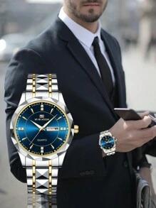 VA VA VOOM New Fashionable Men's Watch, Va Va Voom Brand Stainless Steel Diamond-Shaped Link Bracelet, Date Calendar, Luxury Quartz Watch, Suitable For Business Wear Father