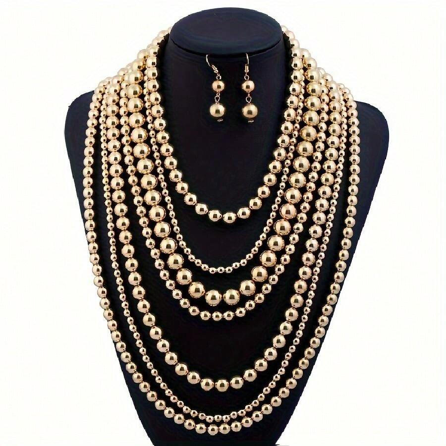 1pc Handmade Multi-Layer Exaggerated Classic Round Beaded Necklace - Gold - View 1