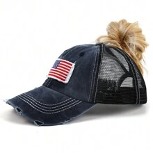 1pc Women's Multi-Color Mesh Ponytail Hole USA Flag Pattern Sports Baseball Cap, Suitable For Daily Wear