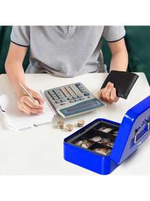 Money Safe Box With Keys Removable Tray - Blue - View 2